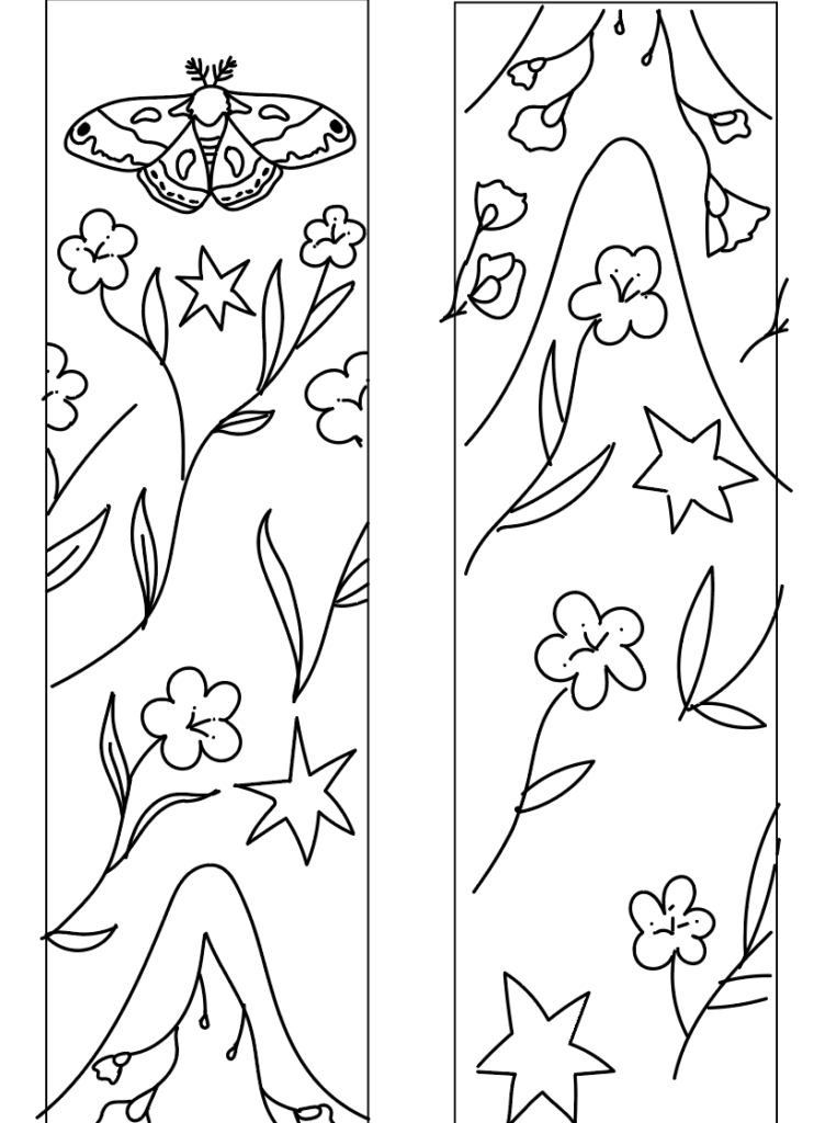 drawing with moth, flowers, and stars.